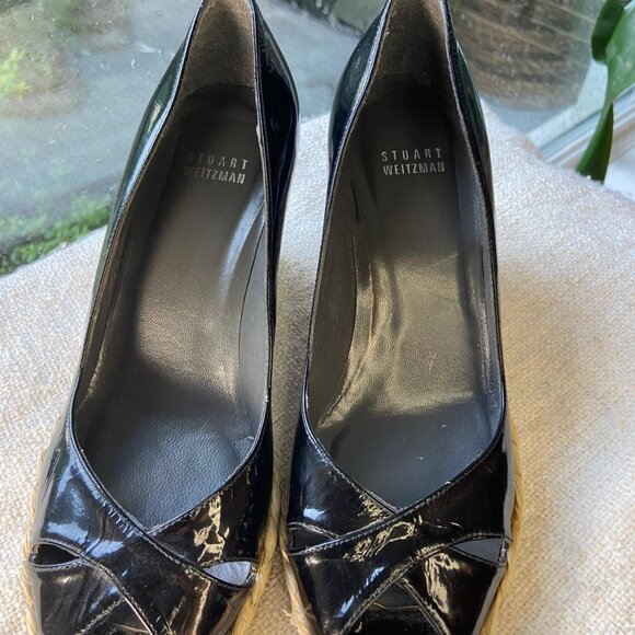 Stuart Weitzman Black patent leather Peep Toe Wedge Espadrilles, Size 8.5 - Picture 2 of 9